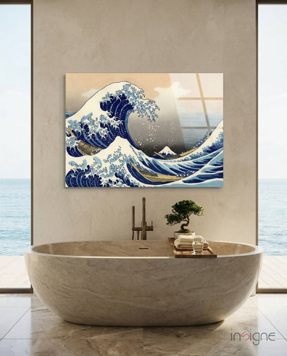 Kanagawa Oki Nami Ura Great Wave glass art displayed above a stone bathtub in a modern coastal bathroom with ocean views.