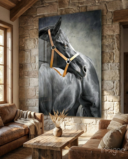 Black Horse Leather Halter Glass Wall Art