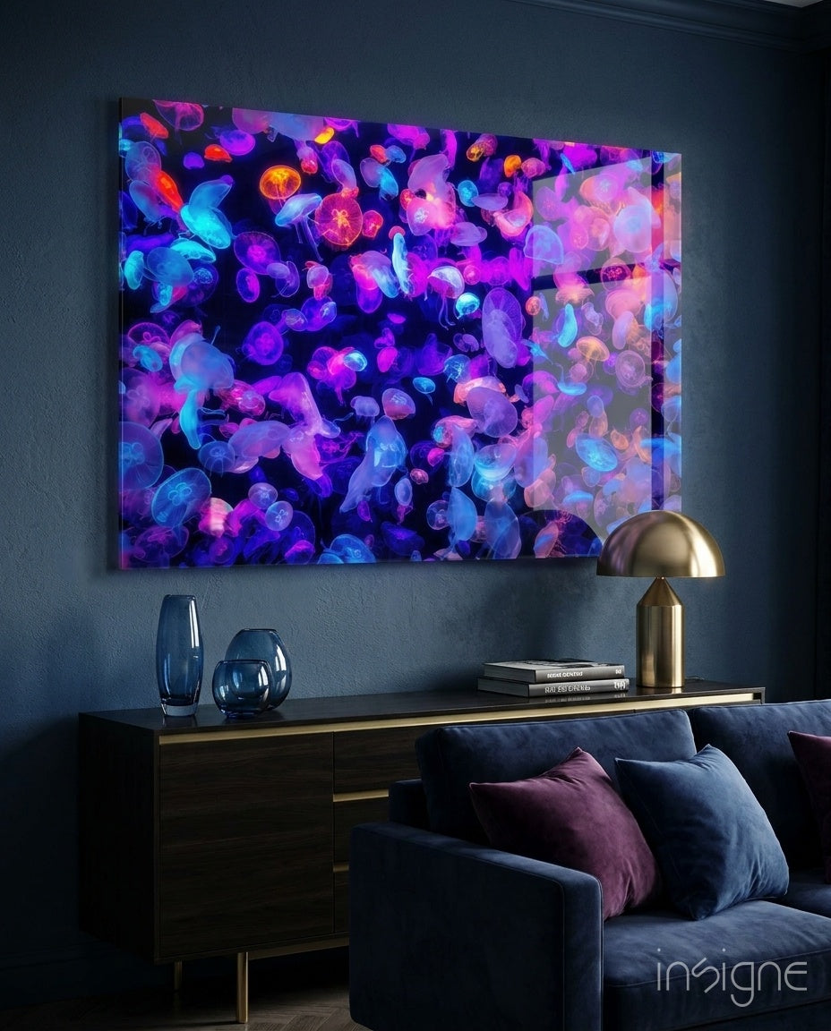 Glowing Jellyfish Bloom Neon Glass Wall Art