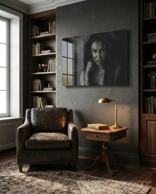 Black and white portrait of tattooed woman displayed as glass wall art above leather armchair in library setting.