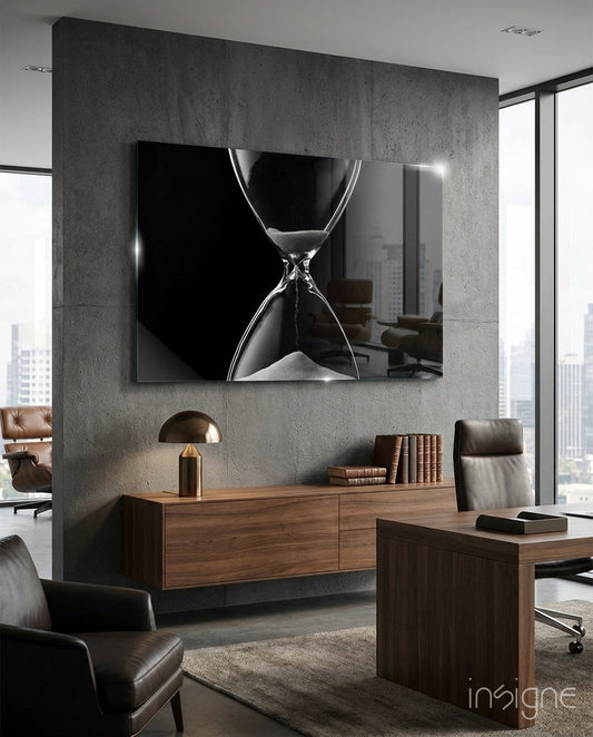 Black and white hourglass glass wall art displayed above wooden furniture in modern office interior with city skyline view.