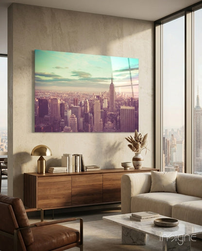 Teal Sky Aerial Manhattan Skyline Glass Wall Art