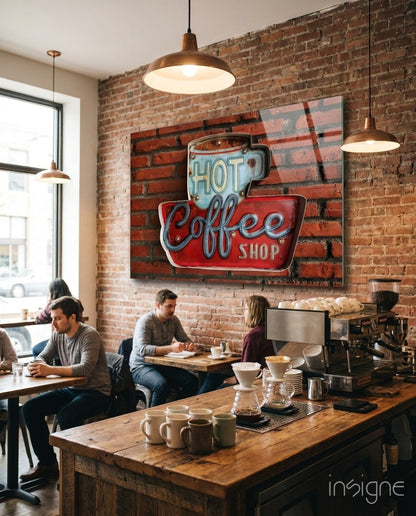 Vintage Coffee Shop Sign Red Brick Glass Wall Art