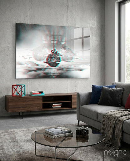 Modern living room with glitch-effect pocket watch glass art displaying red and cyan chromatic aberration hanging above wooden media console.