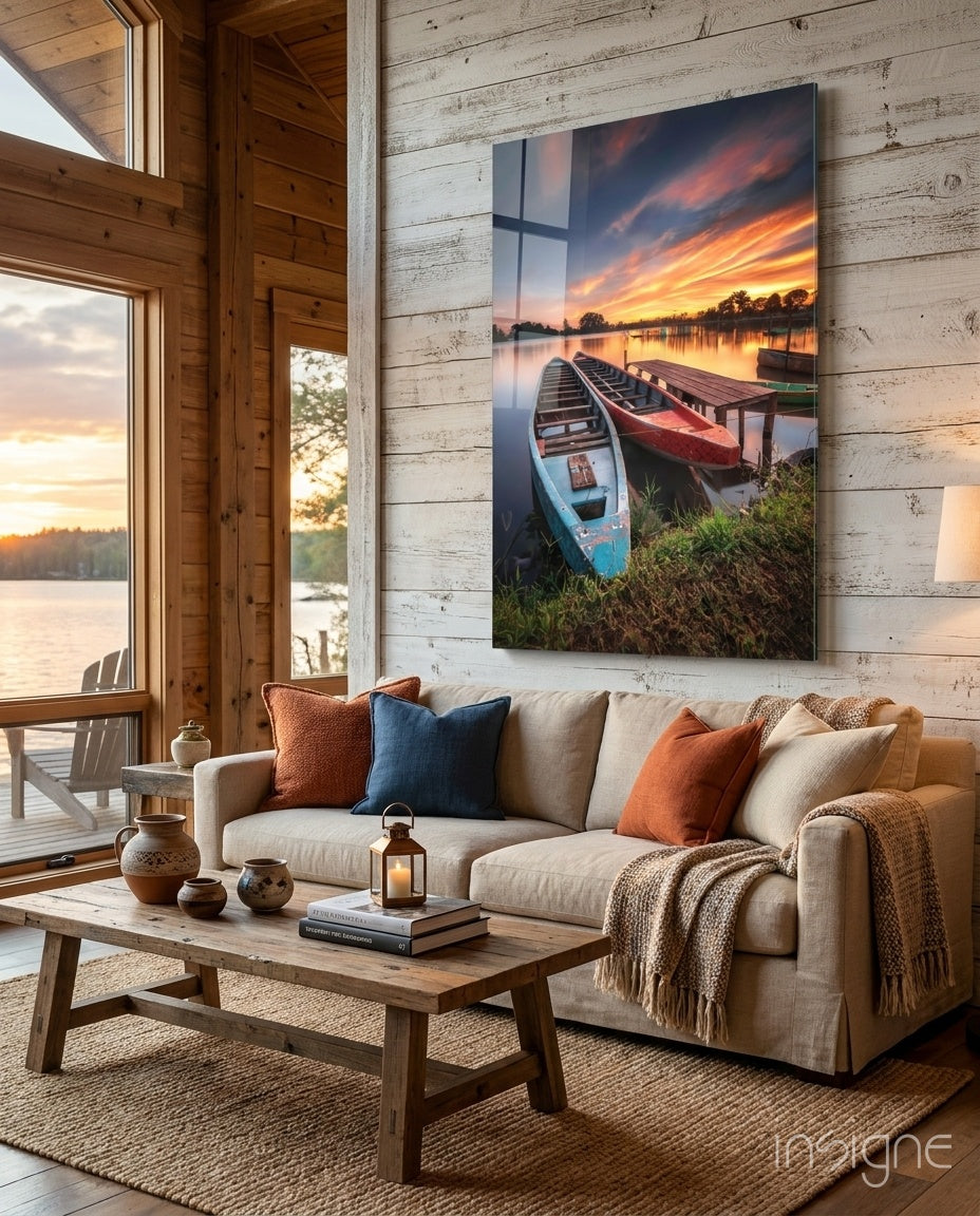 Sunset Rowboats at Wooden Dock Glass Wall Art