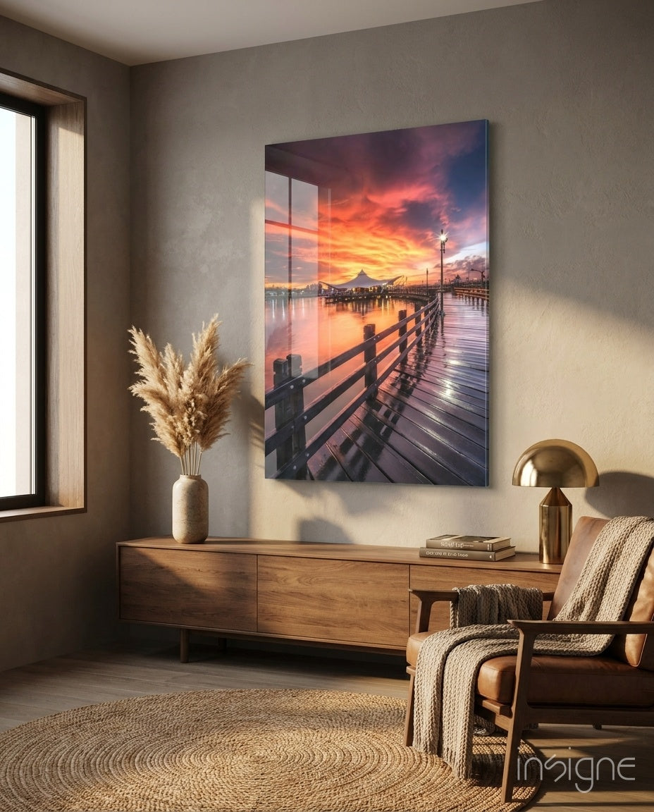 Bridge of Love Glass Wall Art displayed on beige wall above wooden dresser in modern interior setting.