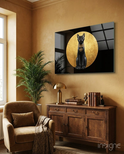 Egyptian Cat Statue Gold Moon Glass Wall Art