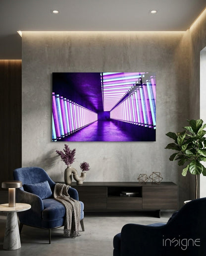 Violet Neon Tube Corridor Glass Wall Art