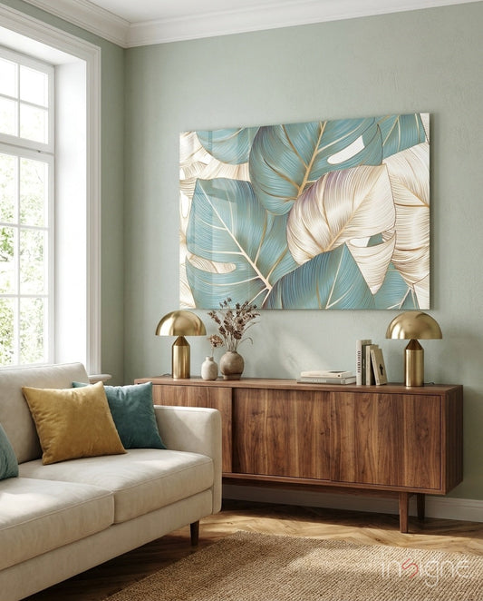 Teal and cream tropical leaf glass wall art hanging above a wooden credenza in a light-filled living room with cream sofa.
