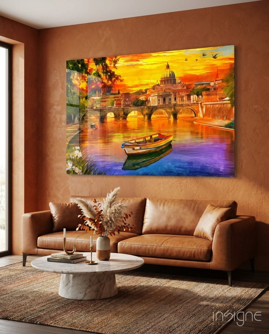 St. Peter's Basilica glass wall art displayed above a cognac leather sofa in a rust-colored living room with warm sunset tones.