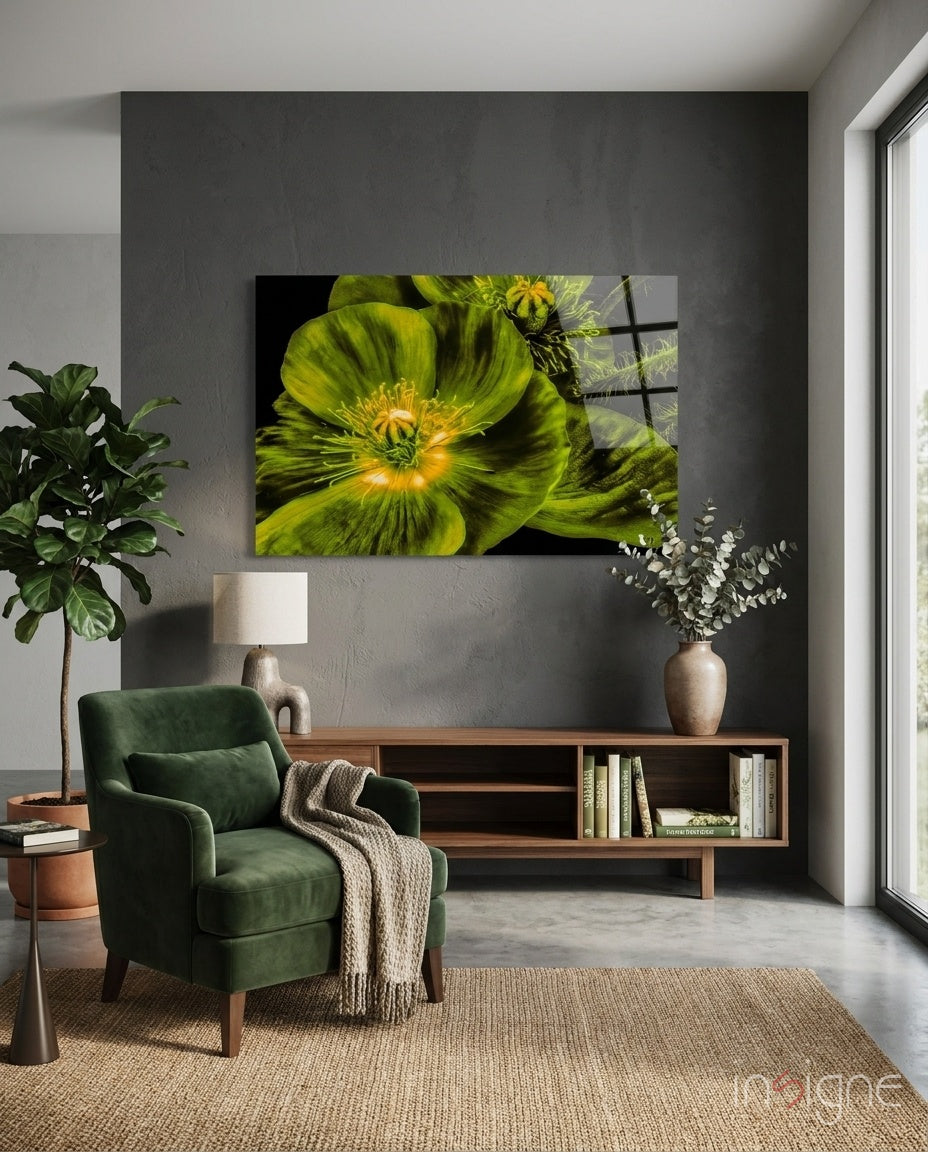 Glowing Chartreuse Poppy Bloom Glass Wall Art