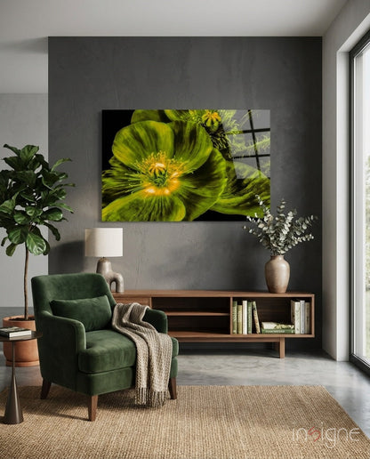 Glowing Chartreuse Poppy Bloom Glass Wall Art