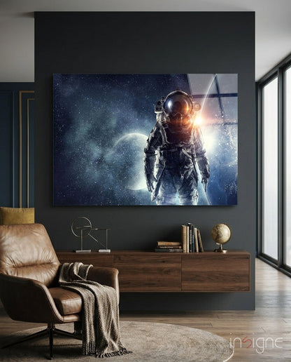Cosmic Sun Flare Astronaut Glass Wall Art