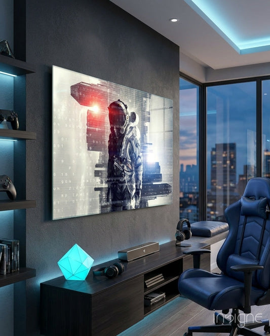 Digital Astronaut Glass Wall Art displaying a glowing red-helmeted astronaut with binary code overlay, hung in a modern gaming room with city skyline view.