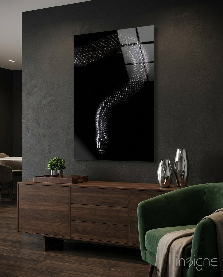 Silver Scaled Snake Descending Dark Glass Wall Art