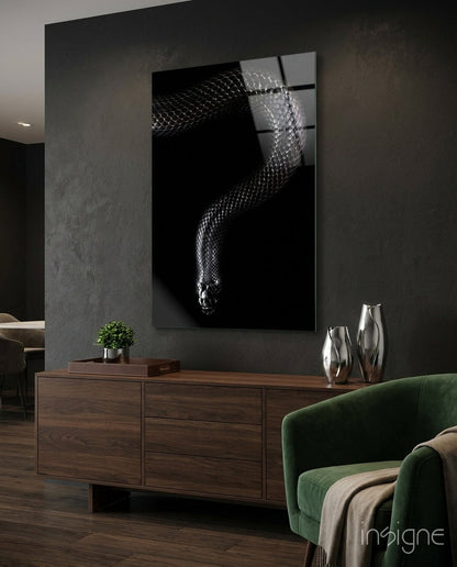 Silver Scaled Snake Descending Dark Glass Wall Art
