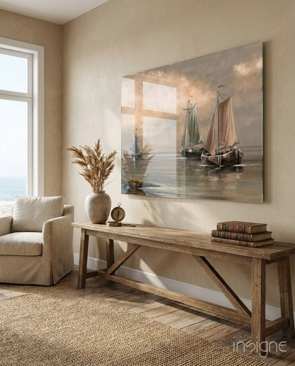 Misty Harbor Fishing Boats Sepia Glass Wall Art