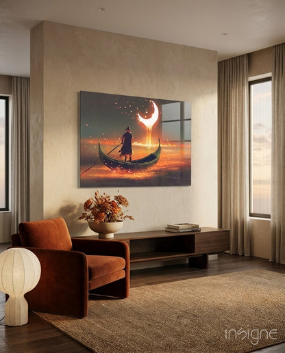 Golden Molten Moon Rower Sunset Glass Wall Art