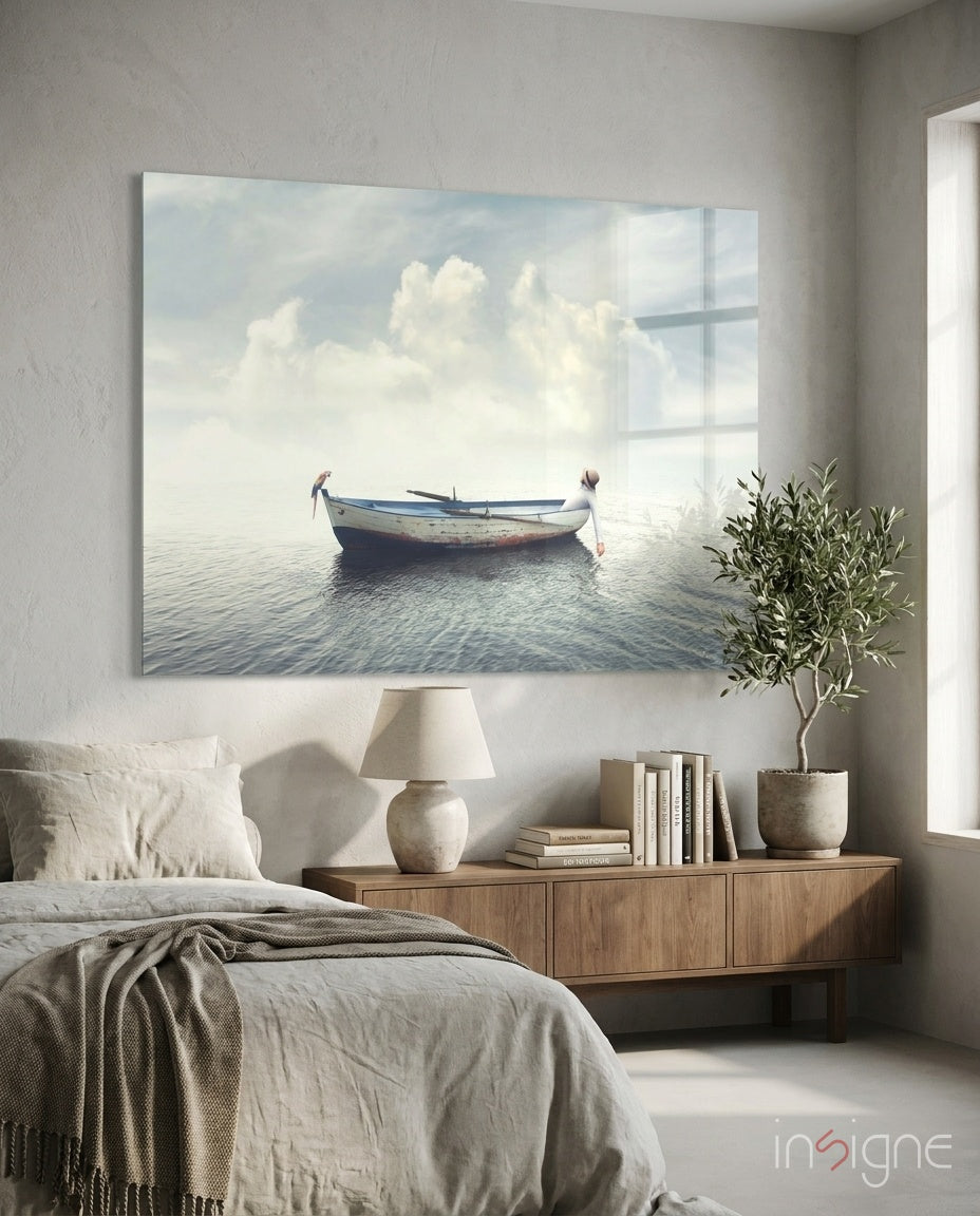 Misty Ocean Rowboat And Macaw Glass Wall Art