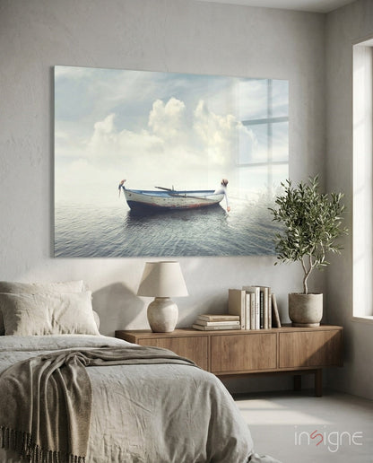 Misty Ocean Rowboat And Macaw Glass Wall Art