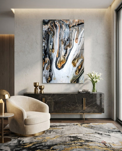 Gold Veined Black Marble Glass Wall Art