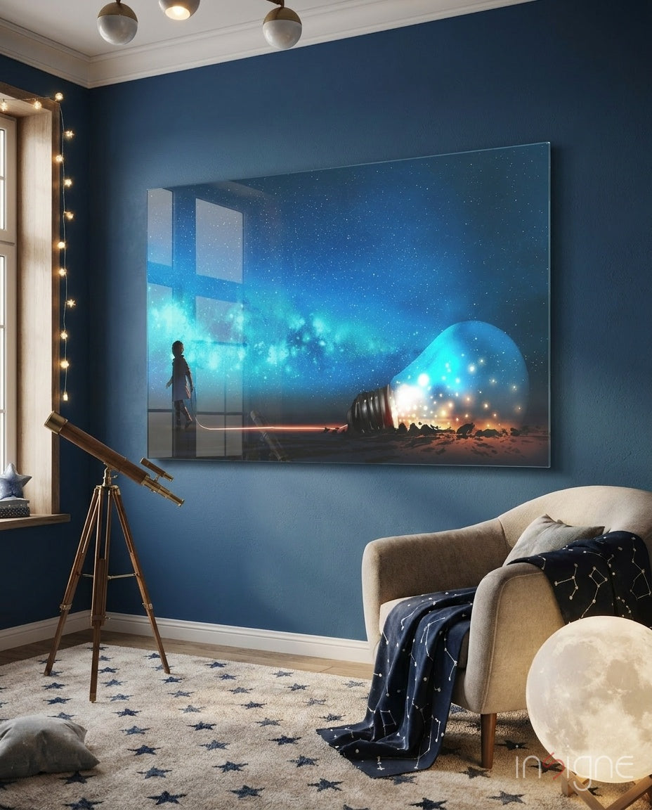 Glass wall art depicting a figure viewing a glowing alien dome under starry sky, displayed in blue bedroom.