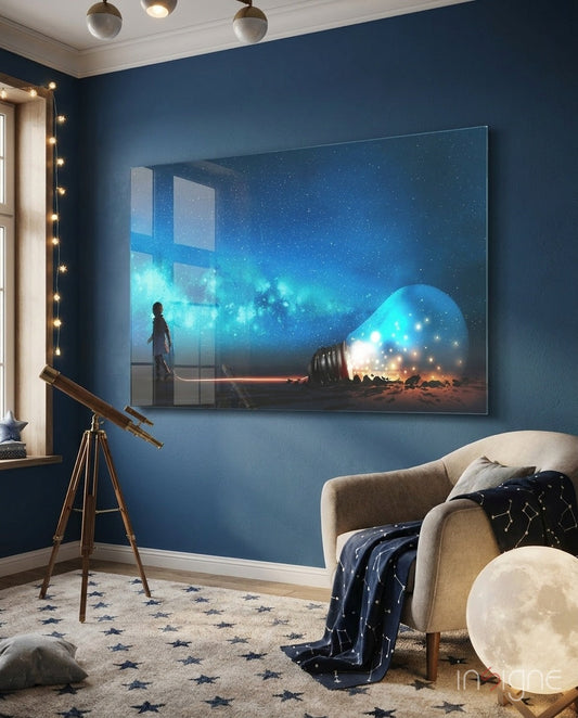 Glass wall art depicting a figure viewing a glowing alien dome under starry sky, displayed in blue bedroom.