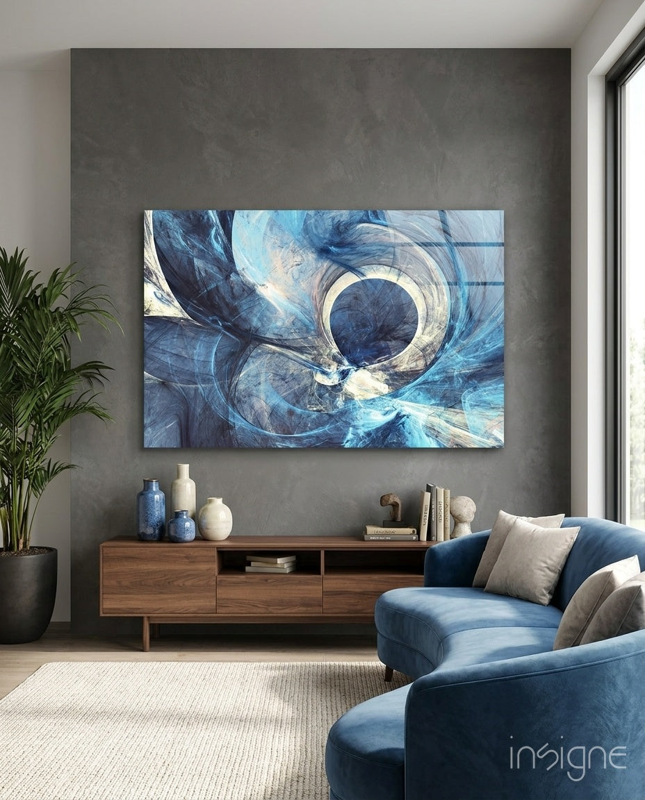 Blue Swirling Fractal Ring Glass Wall Art
