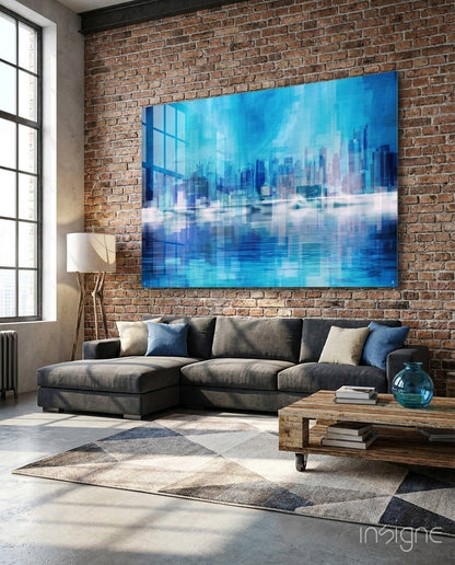 Blue City Skyline Reflection Glass Wall Art