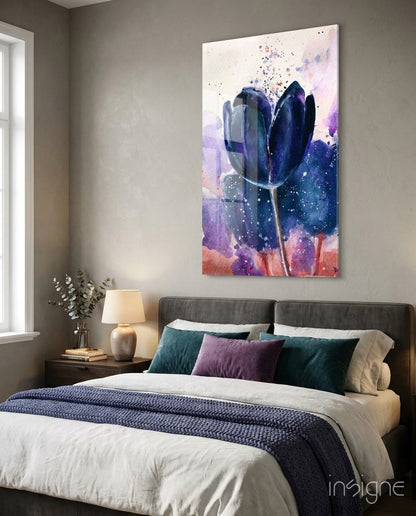 Navy Indigo Tulip on Lilac Wash Glass Wall Art
