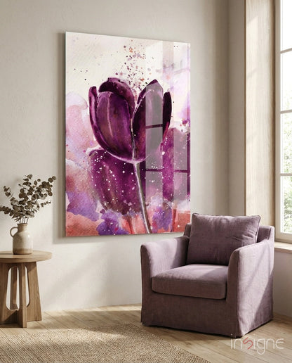 Deep Purple Watercolor Tulip Bloom Glass Wall Art
