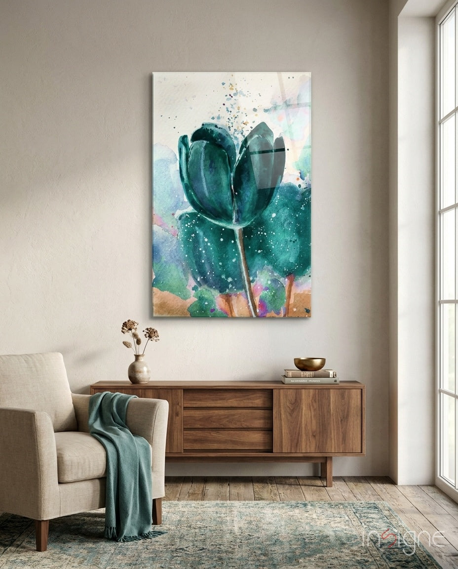 Teal Watercolor Tulip With Paint Splatter Glass Wall Art