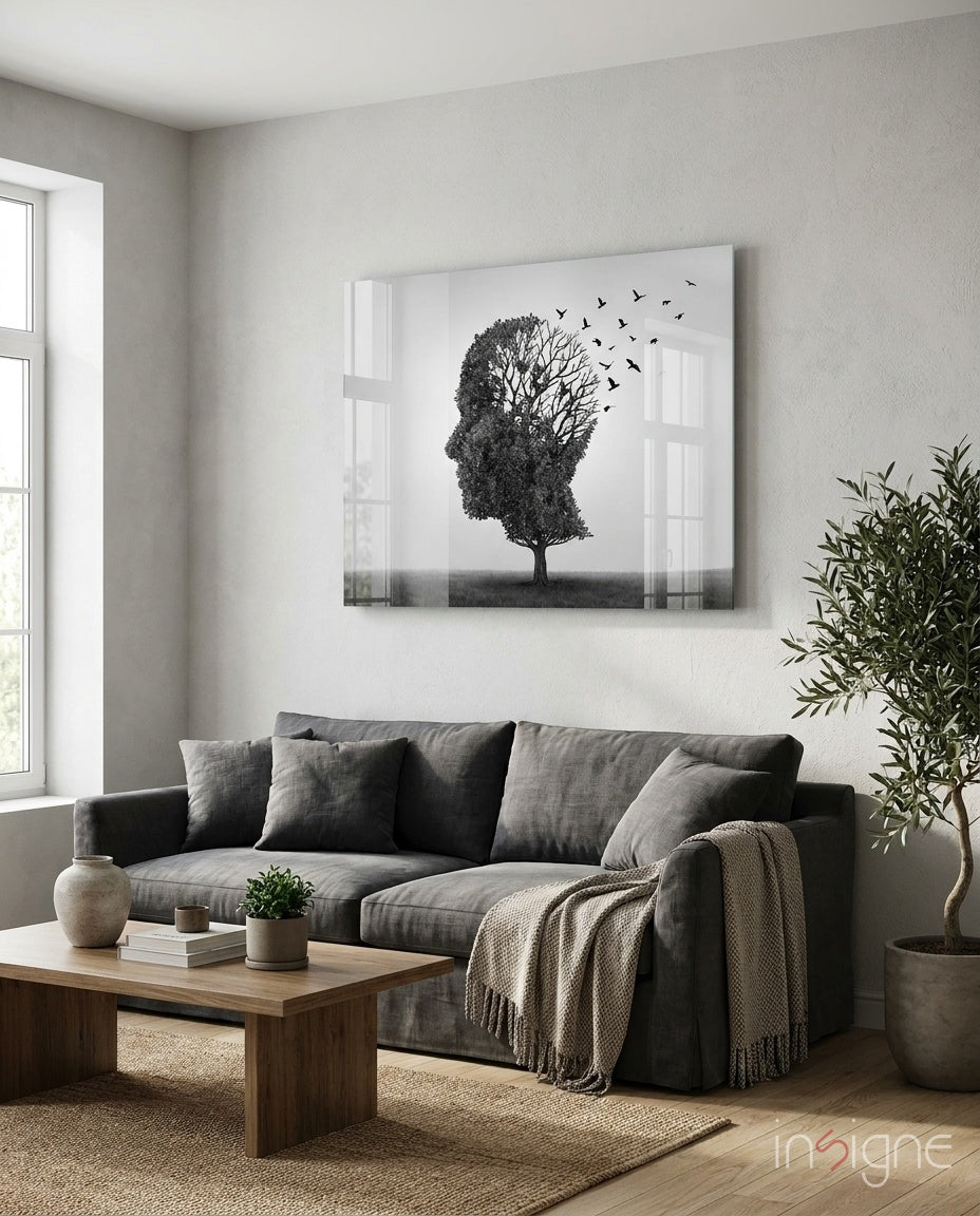 Head Tree Birds Leaving Branches Glass Wall Art