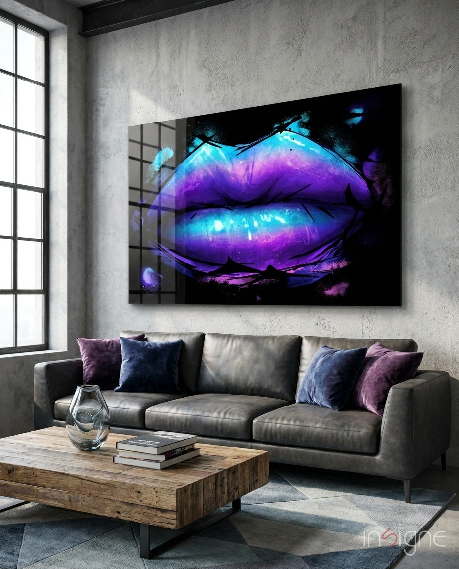 Purple Turquoise Galaxy Painted Lips Glass Wall Art