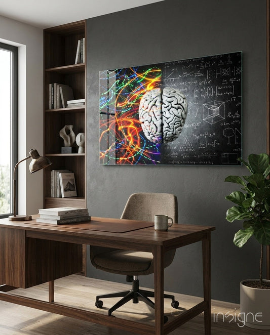 Glass wall art depicting a colorful brain with neon streaks on left side and mathematical formulas on dark right side, displayed above wooden desk in modern office.