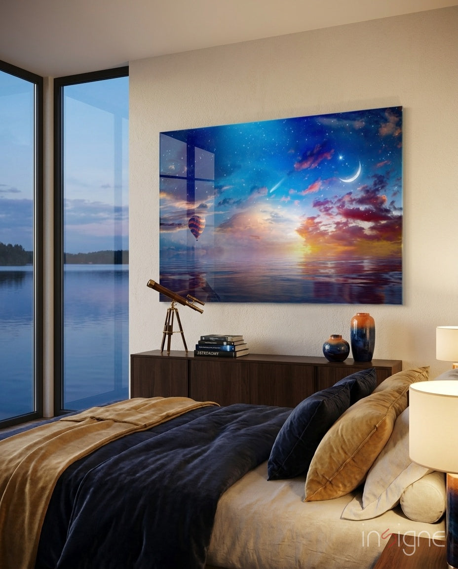 Hot Air Balloon Crescent Moon Sea Glass Wall Art