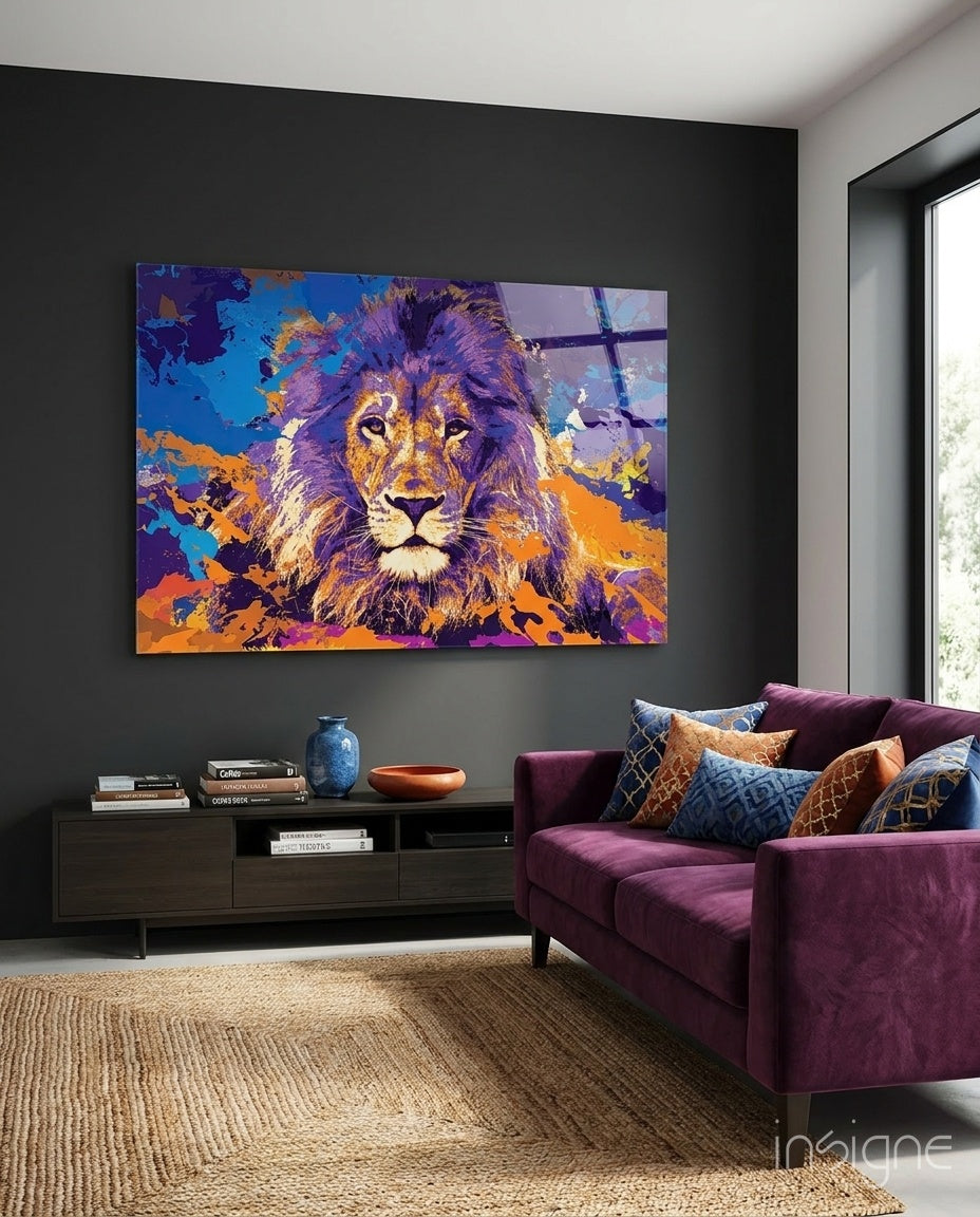 Purple Orange Splash Lion Glass Wall Art