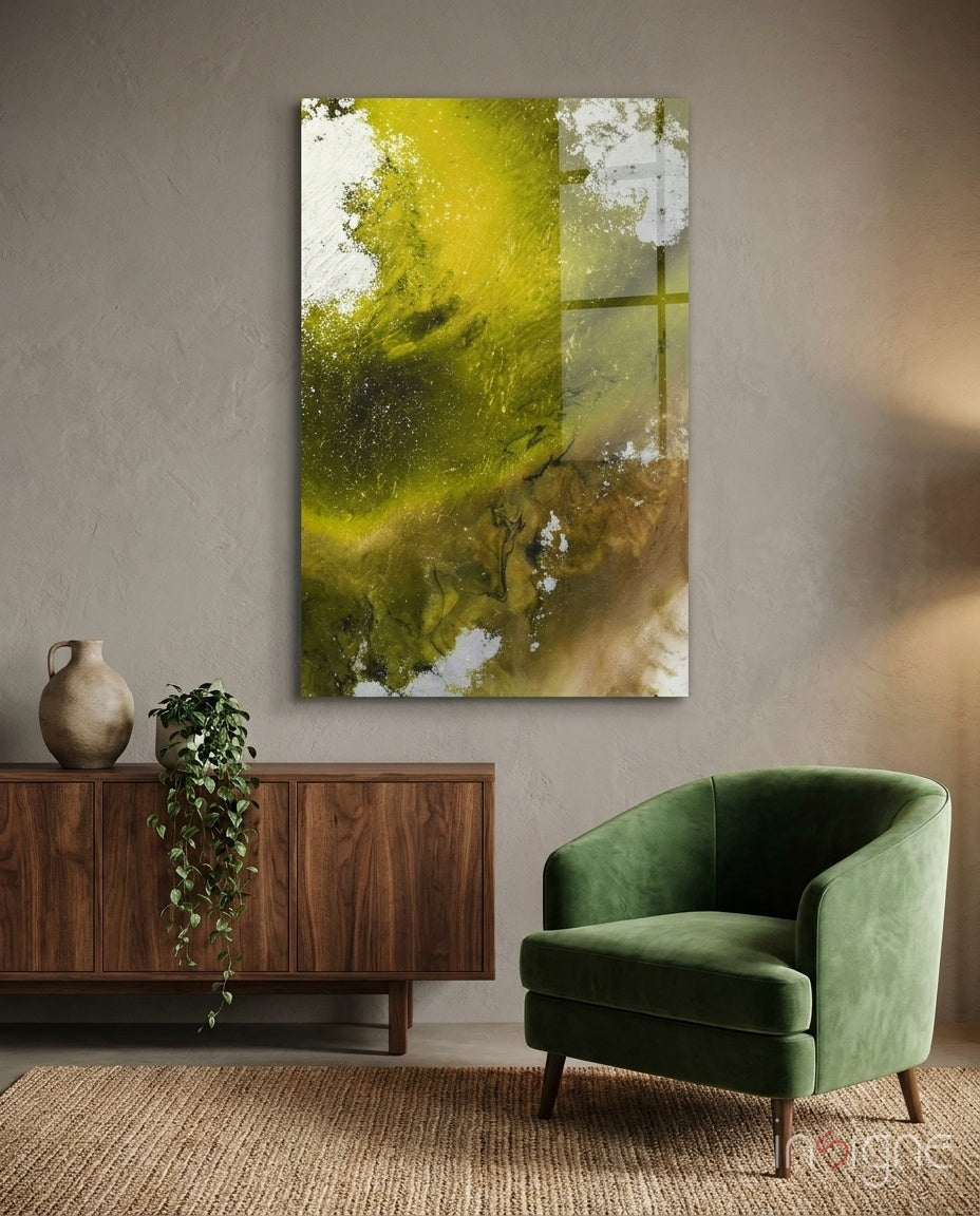 Olive Green Gold Fluid Ink Glass Wall Art
