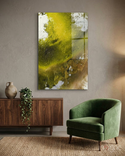 Olive Green Gold Fluid Ink Glass Wall Art
