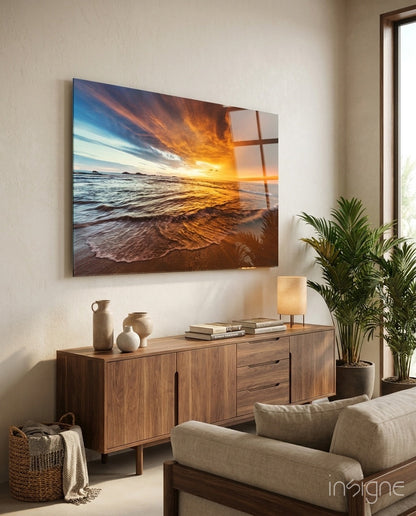 Fiery Sky Beach Sunset Glass Wall Art