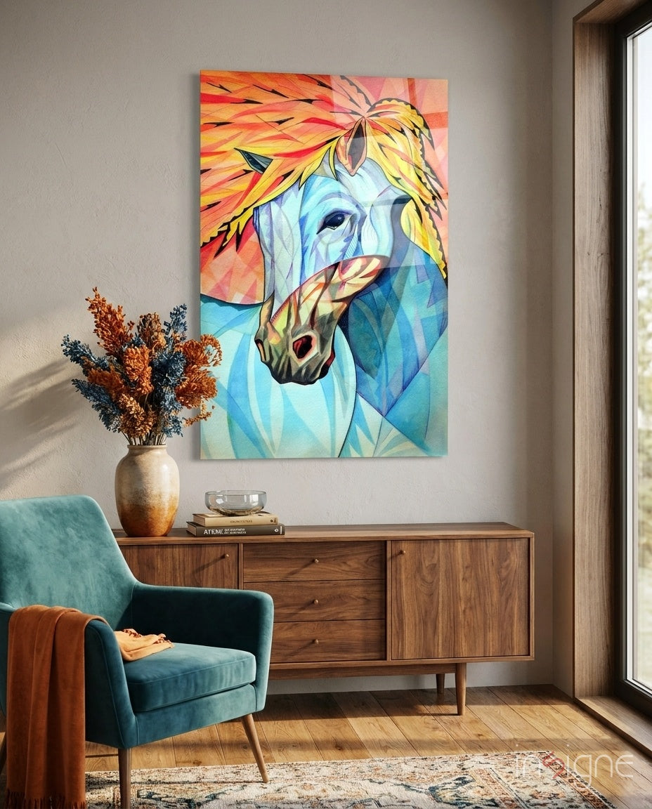 Vibrant Cubist Horse Glass Wall Art