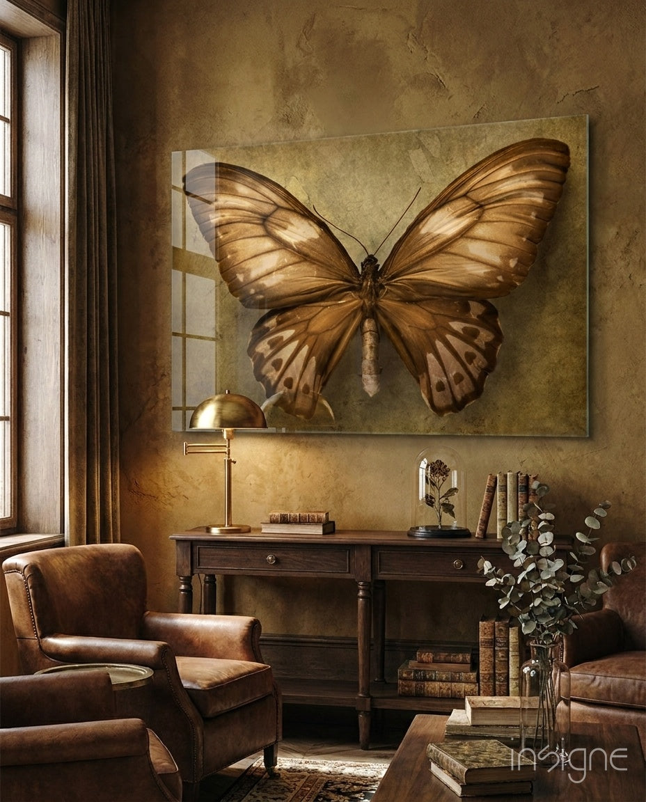 Vintage Sepia Butterfly Glass Wall Art