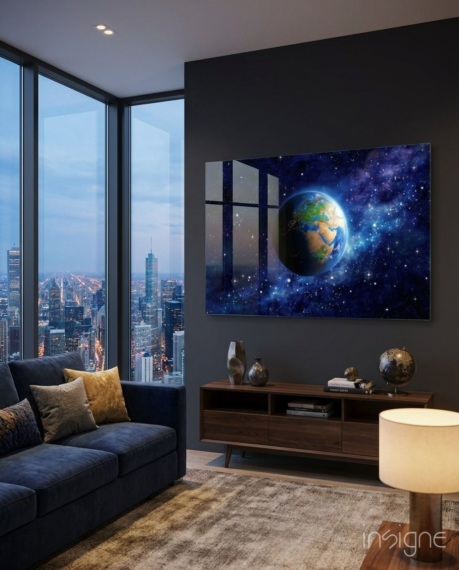Earth Globe Starry Galaxy Glass Wall Art