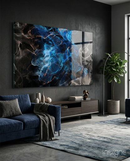 Sapphire Blue Ink Flow Glass Wall Art