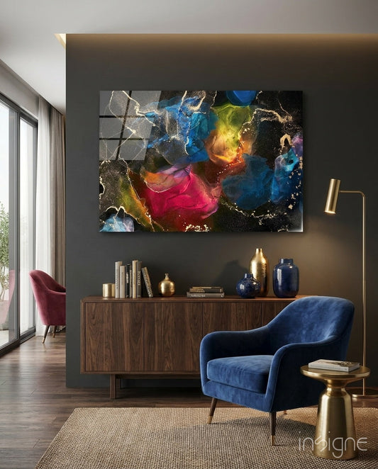 Vibrant rainbow ink marble glass wall art displayed on dark gray wall above wooden cabinet in modern living room setting.