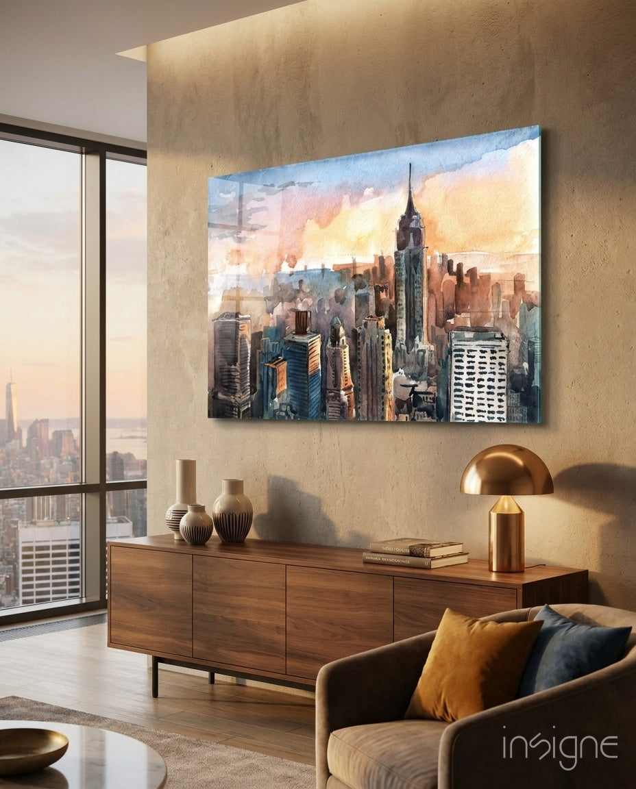 Watercolor Manhattan Skyline Sunset Glass Wall Art