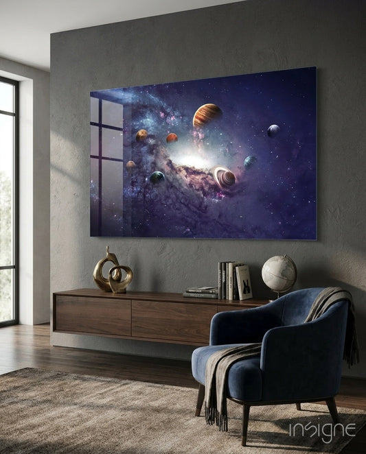 Purple galaxy glass wall art displaying planets and Saturn installed above wooden console in modern living room interior.