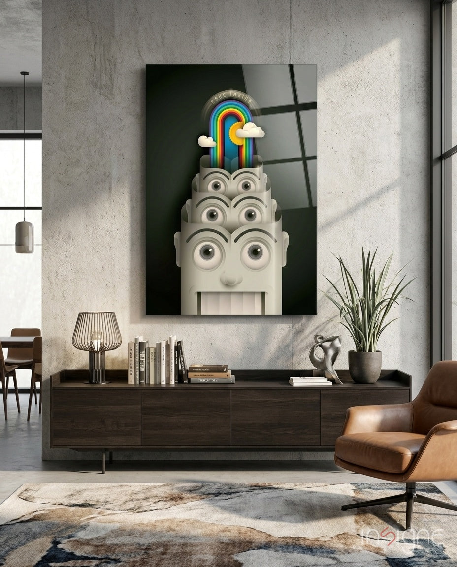 Rainbow Machine Glass Wall Art displayed above a dark wooden console in a minimalist concrete interior with brown leather chair and potted plant.