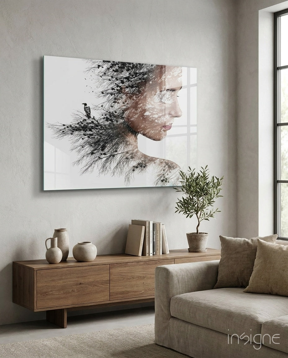 Soft Neutral Windswept Branches Portrait Glass Wall Art