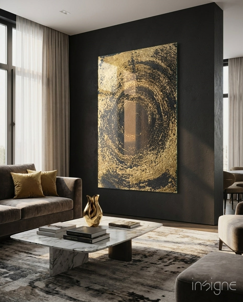 Black Gold Swirl Vortex Glass Wall Art